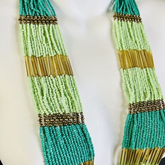 Stunning Waterfall Turqoise Green Gold Multi Strand Seed Bead Statement Necklace - Picture 4 of 15